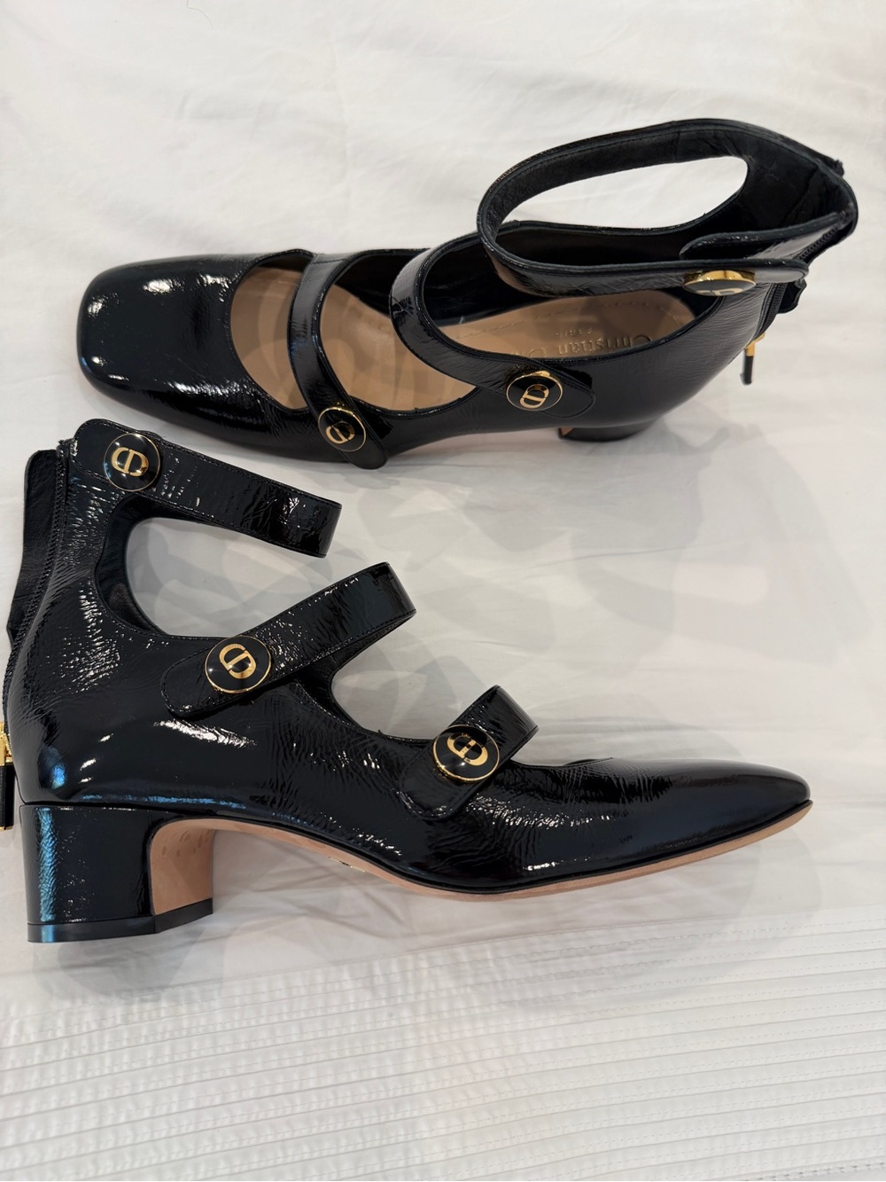 Dior Black Patent Triple-Strap Mary Jane Heels with Gold Accents